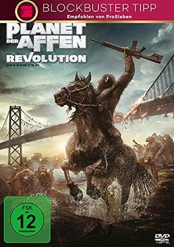 Filmplakat. Affe reitet Pferd, hält Gewehr. Titel: Planet der Affen: Revolution.