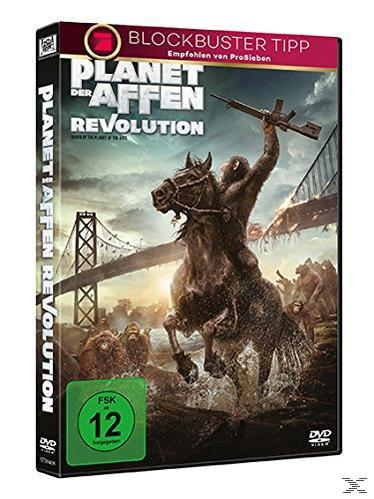 DVD-Hülle von "Planet der Affen: Revolution" mit einem Affen, der eine Waffe hält.