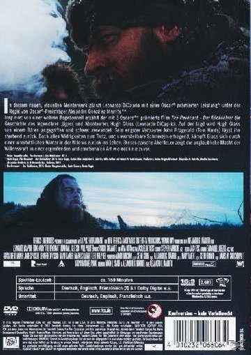DVD-Cover für 'The Revenant' mit Leonardo DiCaprio. Enthält DiCaprios Gesicht und einen schneebedeckten Hintergrund.