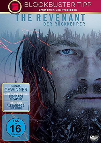 The Revenant Filmcover, mit Leonardo DiCaprios Gesicht und Waldlandschaft, und Oscar-Gewinner-Aufkleber.