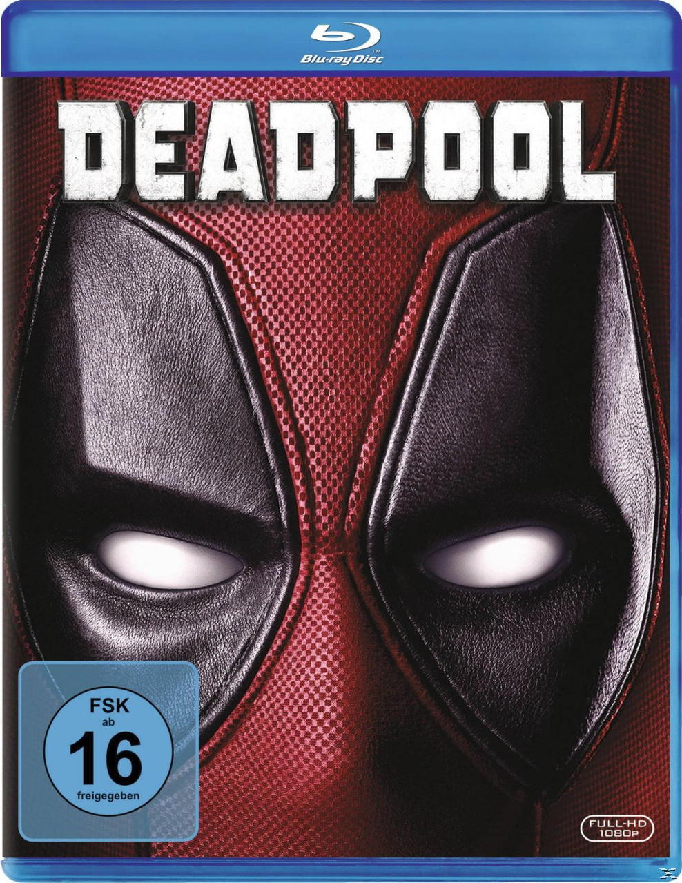 Blu-ray-Cover für 'Deadpool'. Zeigt Deadpools Maske mit schwarzen und roten Details.
