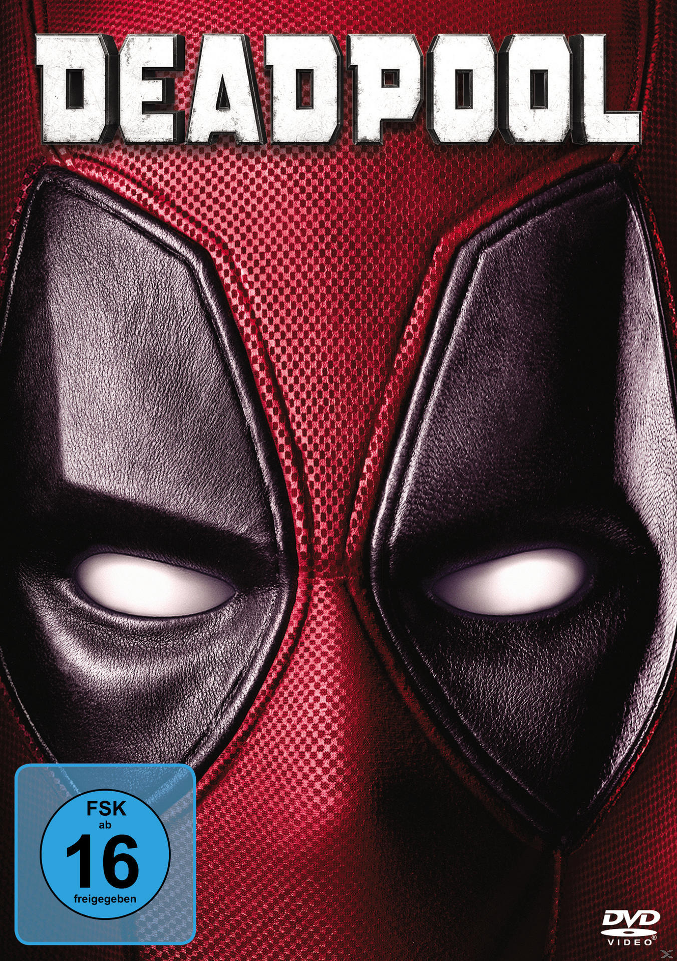 DVD-Cover: Deadpool-Maske Nahaufnahme, rote und schwarze Farben.
