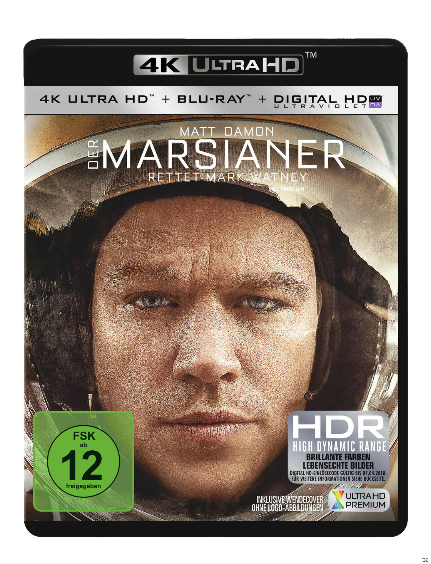 DVD-Cover für den Film Der Marsianer. Matt Damons Gesicht ist prominent. Text: Der Marsianer.