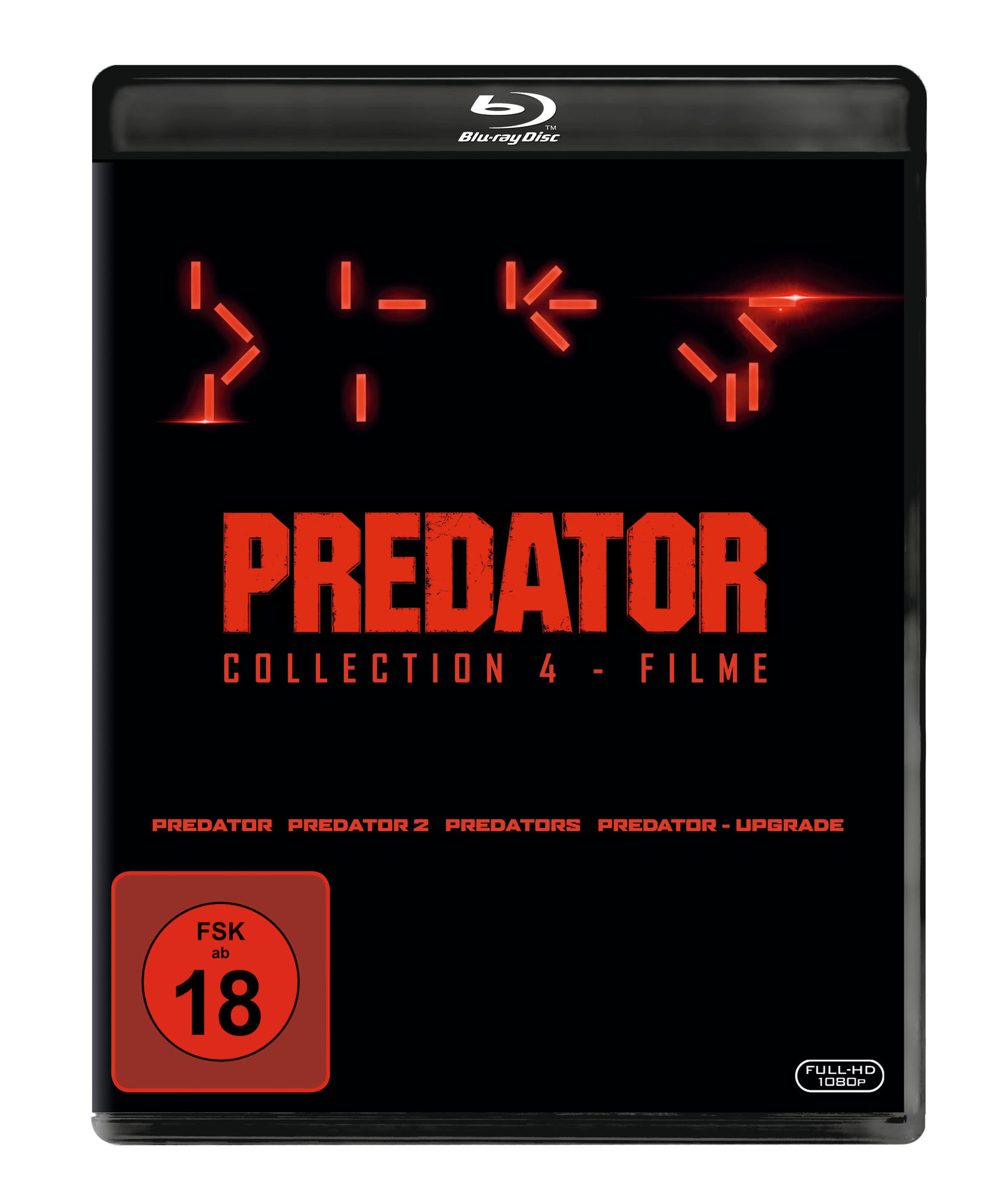 Predator Collection 4 Blu-ray-Hülle, schwarz mit rotem Text und Alien-Symbolen, Bewertung 18.
