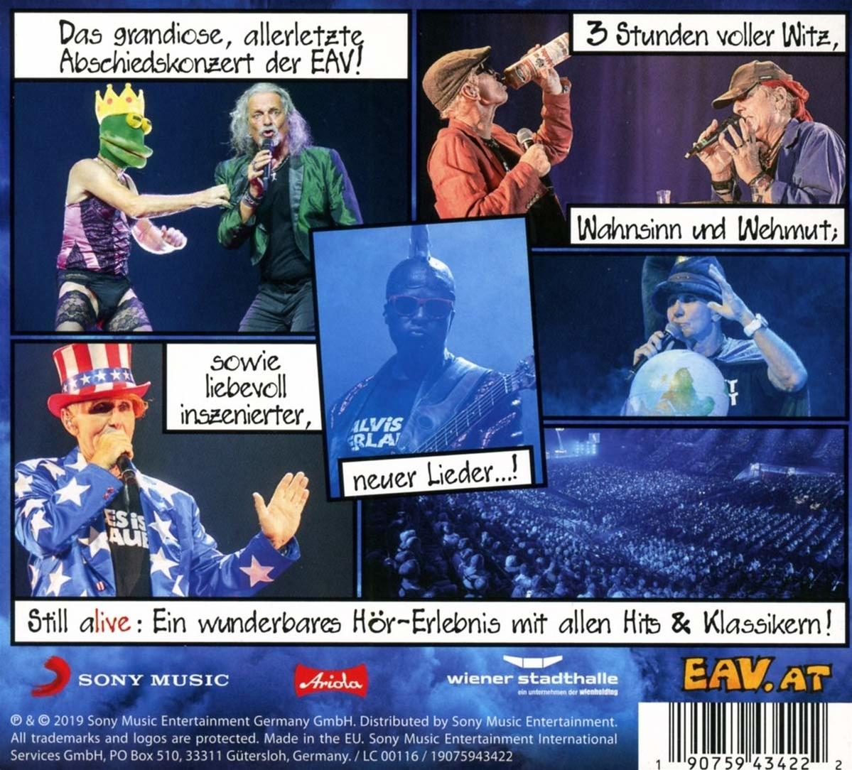 EAV-Konzert-DVD-Cover, mehrere Bilder von Darstellern auf der Bühne, Text und ein lebendiges Design.