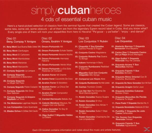 Egy piros albumborító 'Simply Cuban Heroes' címmel, négy CD-vel és dallistákkal.