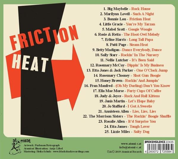 Albumcover: FRICTION HEAT, eine Zusammenstellung. Enthält Titelliste und einen fetten roten Pfeil auf grünem Grund.