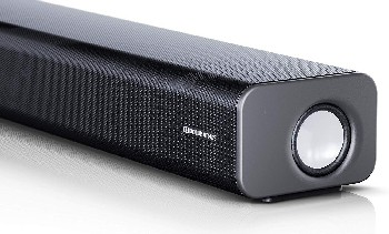 Un primer plano de una barra de sonido negra, con un altavoz y un extremo plateado.