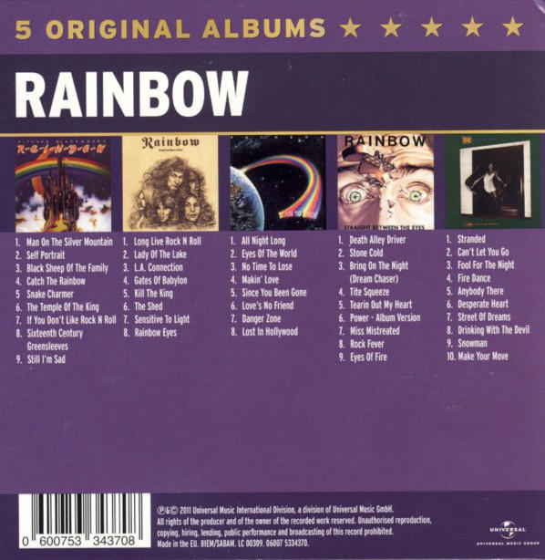 Albumcover mit Albumcovern, Listen und Text. Rainbow-Album mit verschiedenen farbenfrohen Albumcovern.