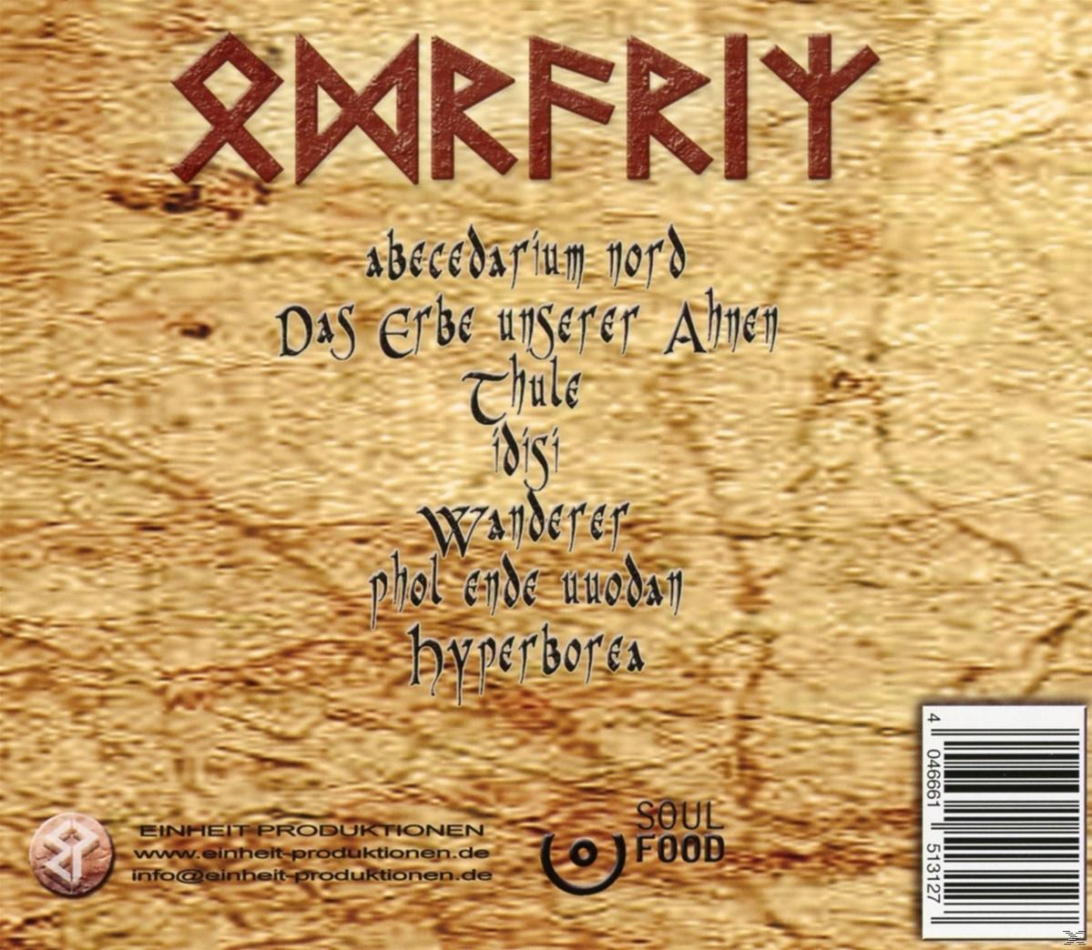 Albumcover mit Text in Runenschrift auf braunem Hintergrund und einem Logo.