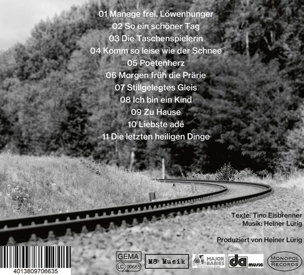Schwarz-Weiß-Albumcover mit Songtiteln und Bahngleisen unten.