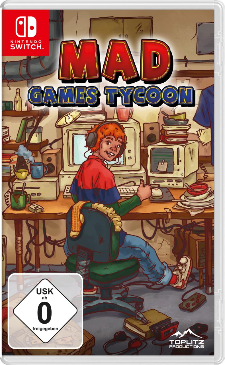 Spielhülle. Cartoon eines Mannes am Computer, der den Daumen hochhält. Text: 'MAD GAMES TYCOON'.