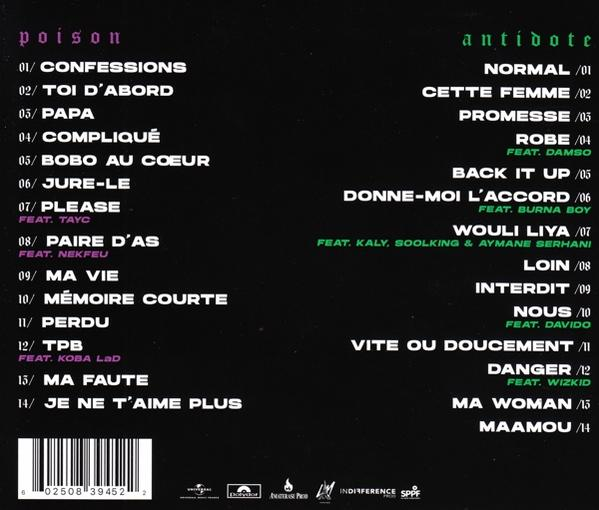 Dos d'un CD. Il montre une liste de chansons sur l'album et les noms des artistes.