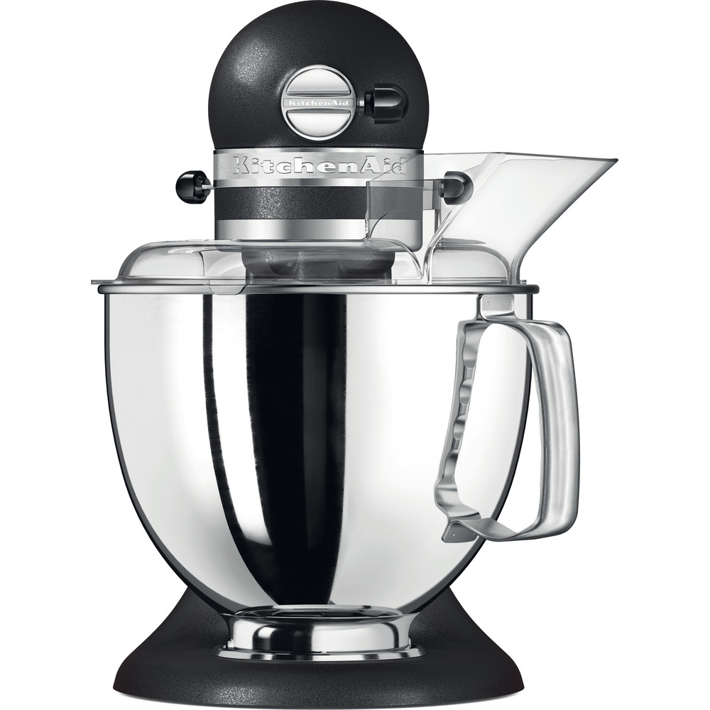 Silber-schwarzer KitchenAid-Mixer mit durchsichtigem Kunststoffschild und silberner Schüssel, weißer Hintergrund.