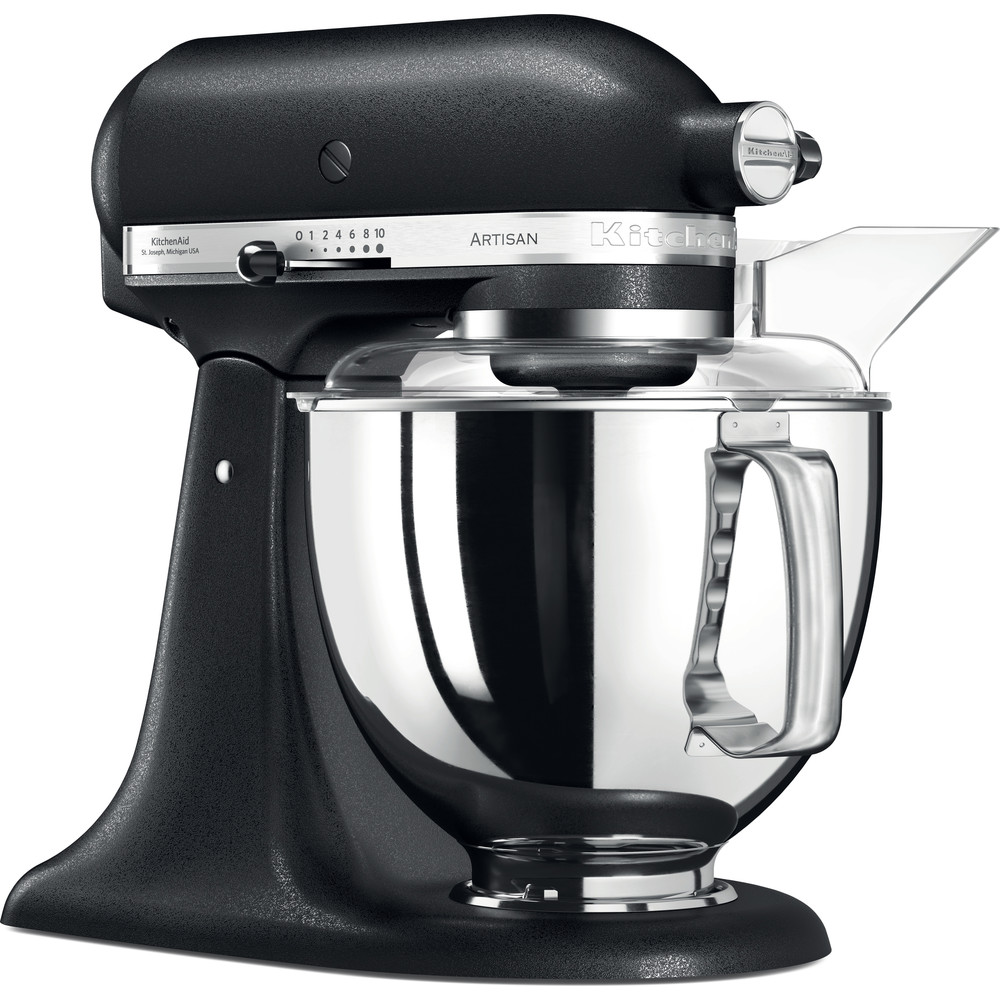 Schwarzer KitchenAid-Küchenmixer mit Glasschüssel.