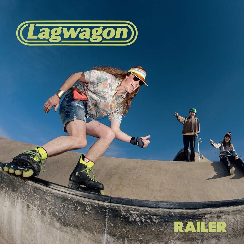 Albumcover von Lagwagon. Ein Mann auf Rollschuhen fährt in einem Skatepark mit zwei Personen im Hintergrund.