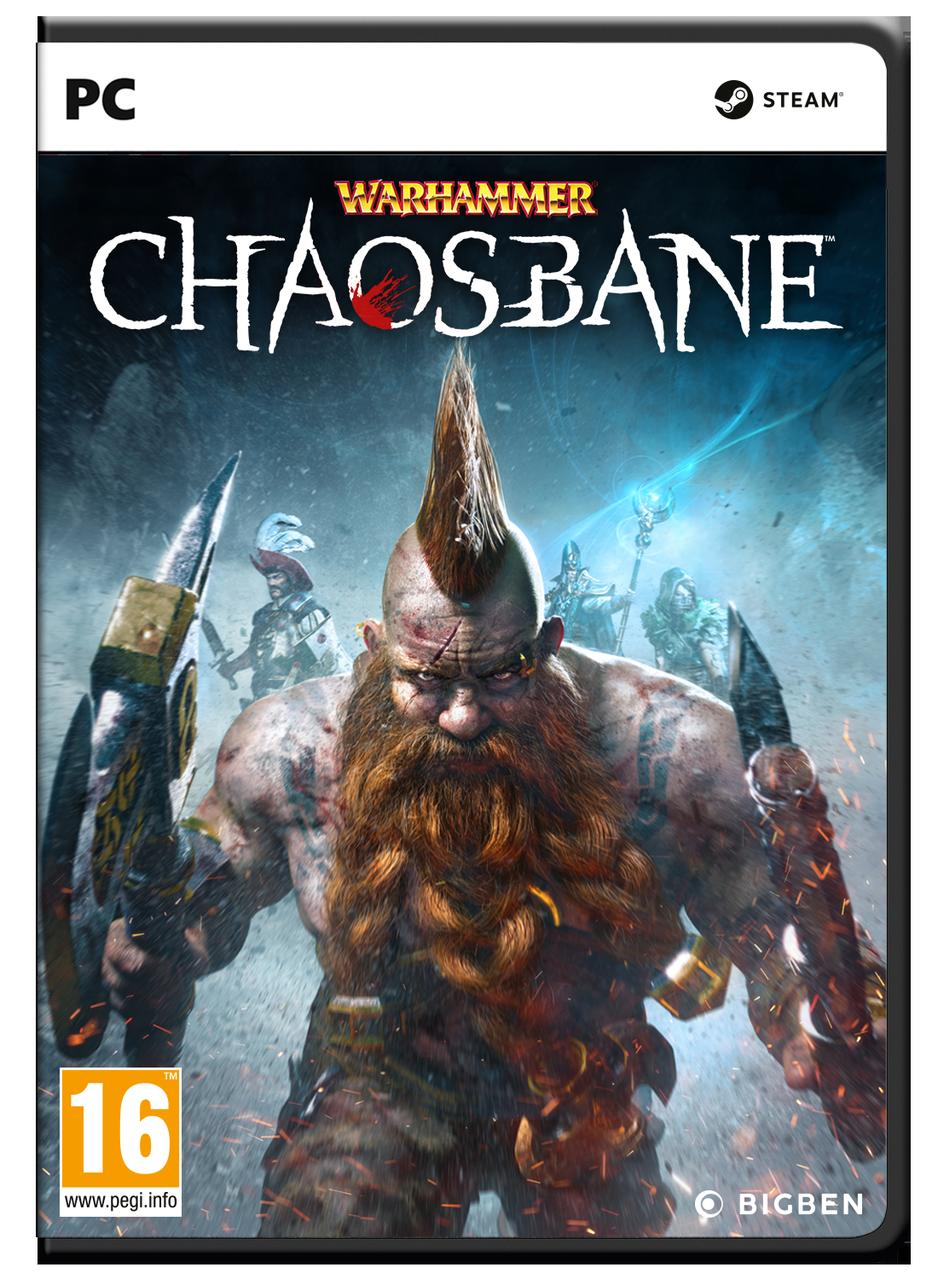Game cover art: dwarf with axe, spiky hair, and beard. Title: Warhammer Chaosbane. Background: characters in armor. PEGI 16.
