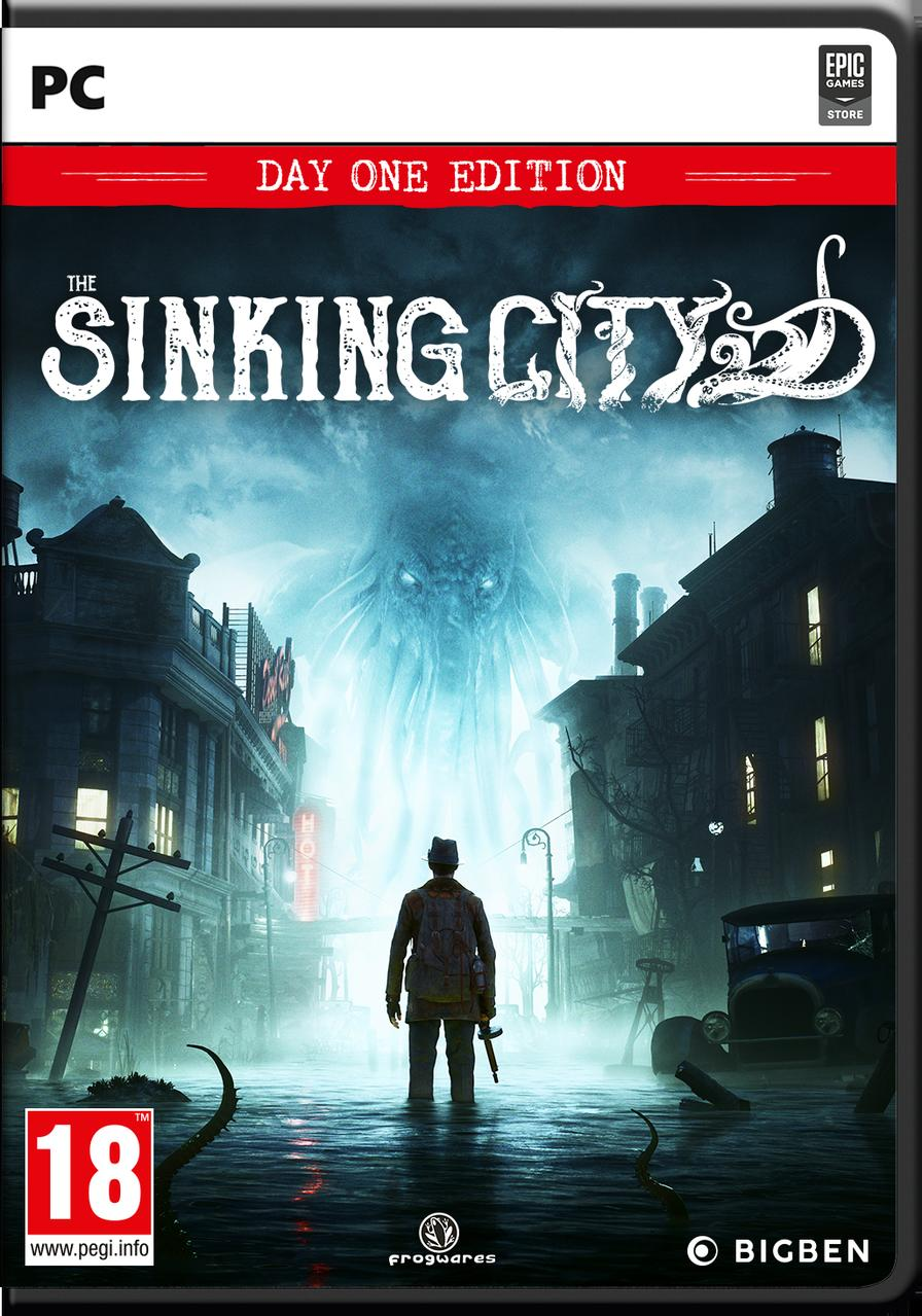 Video game cover. A man stands in flood water, a large monster in the background.