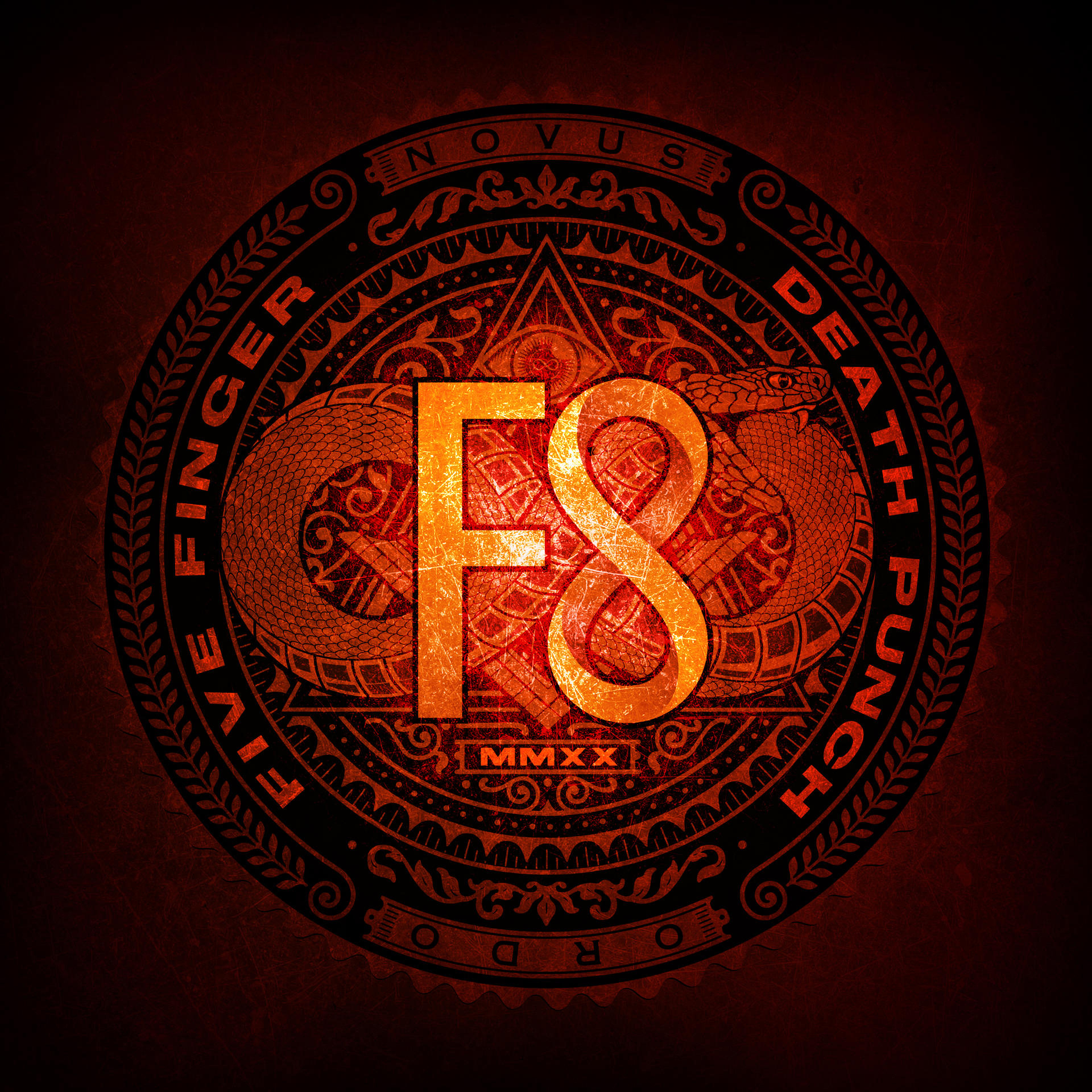 Albumcover von F8 von Five Finger Death Punch. Das Logo ist ein Kreis mit der Zahl F8 in der Mitte.