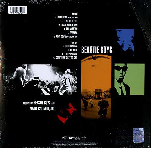 Beastie Boys Albumcover mit schwarzem Hintergrund, Bildern und Songtiteln. Enthält Albumkunst, Text und Designelemente.