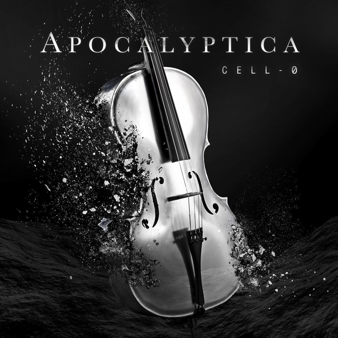 Albumcover: Apocalyptica, ein Cello mit Broken-Effekt, schwarzer Hintergrund, monochrom.