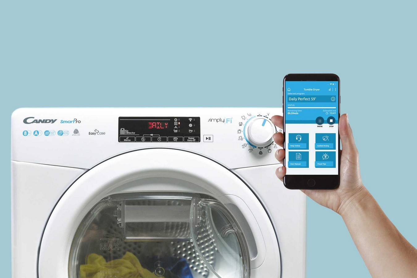 Lavadora secadora - Candy Smart CSW 485D-S, 8kg+5kg, 1400rpm, Certificado Woolmark, Inicio diferido, Blanco