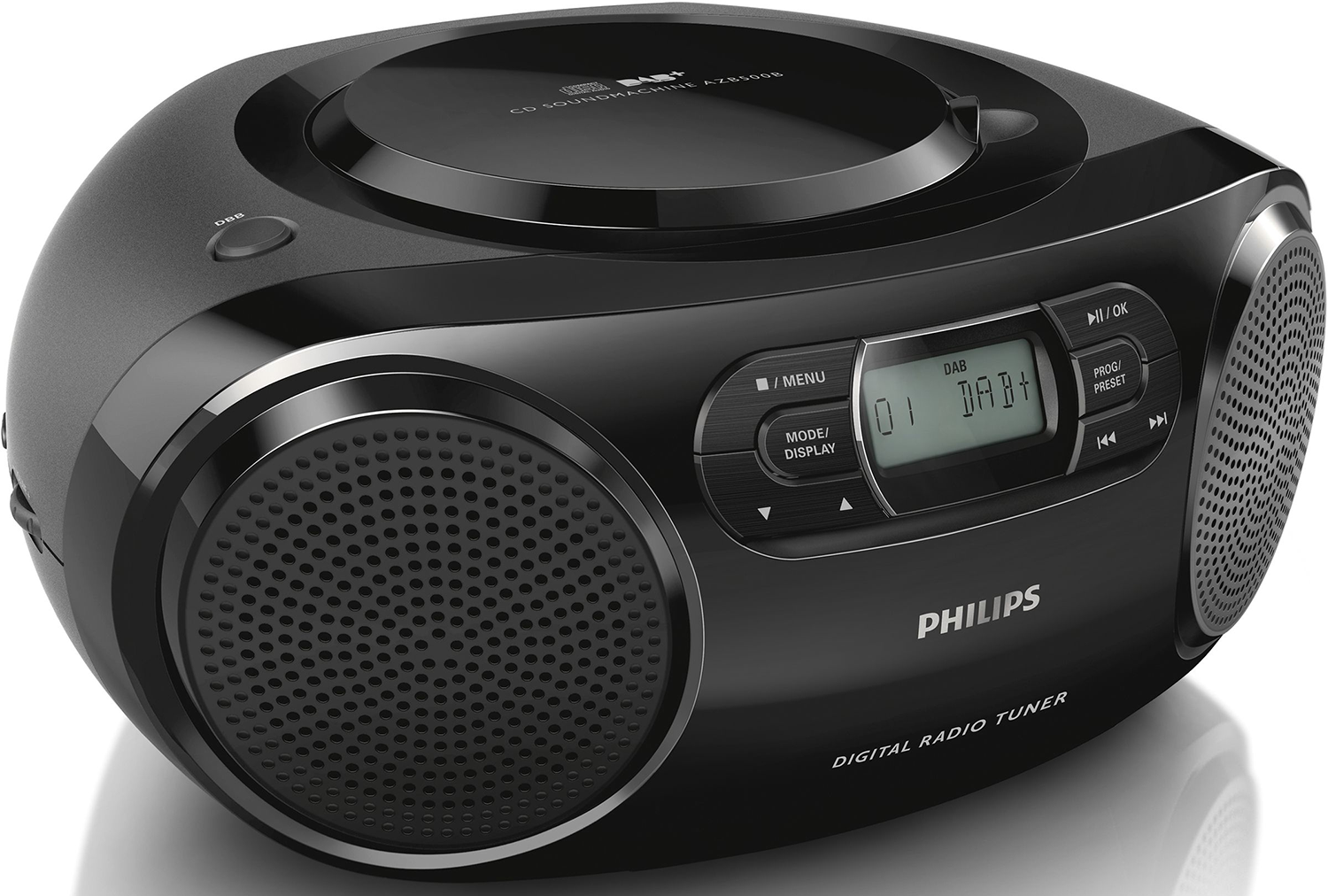 Zwarte Philips CD Soundmachine met twee luidsprekers, een display en een cd-lade bovenop.
