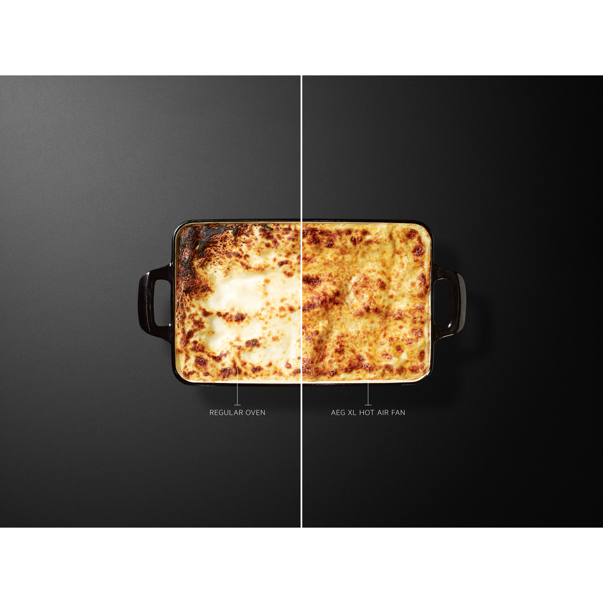 Una comparación de dos lasañas, una de un horno normal y otra de un horno de ventilador de aire.