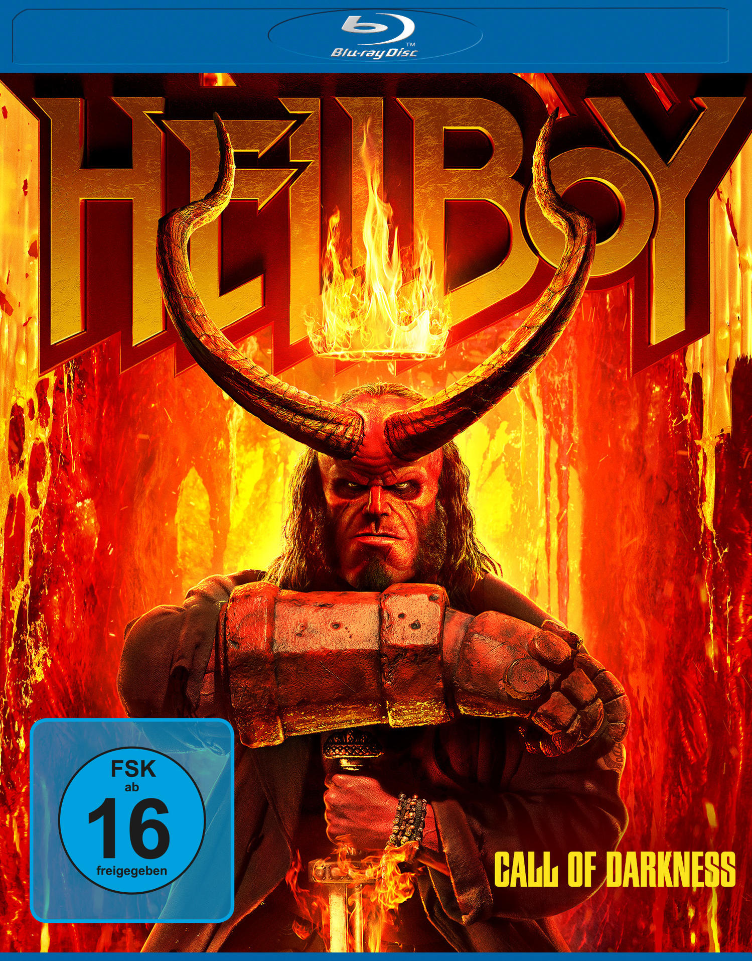 DVD-Cover: Hellboy, mit Hörnern und Schwert, vor feurigem Hintergrund, Altersfreigabe 16.
