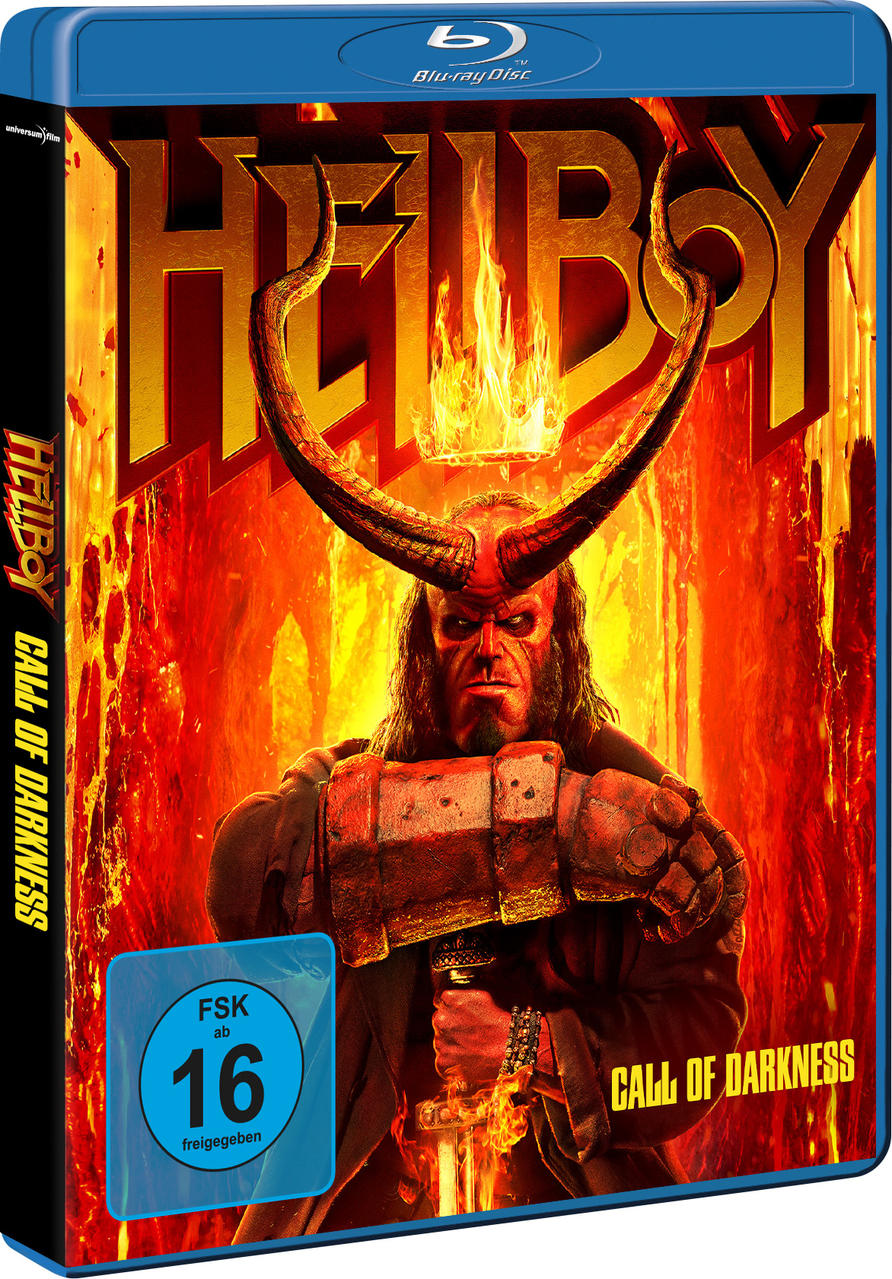 Blu-ray-Cover für 'Hellboy: Call of Darkness' mit Hellboy im Zentrum, umgeben von Flammen.