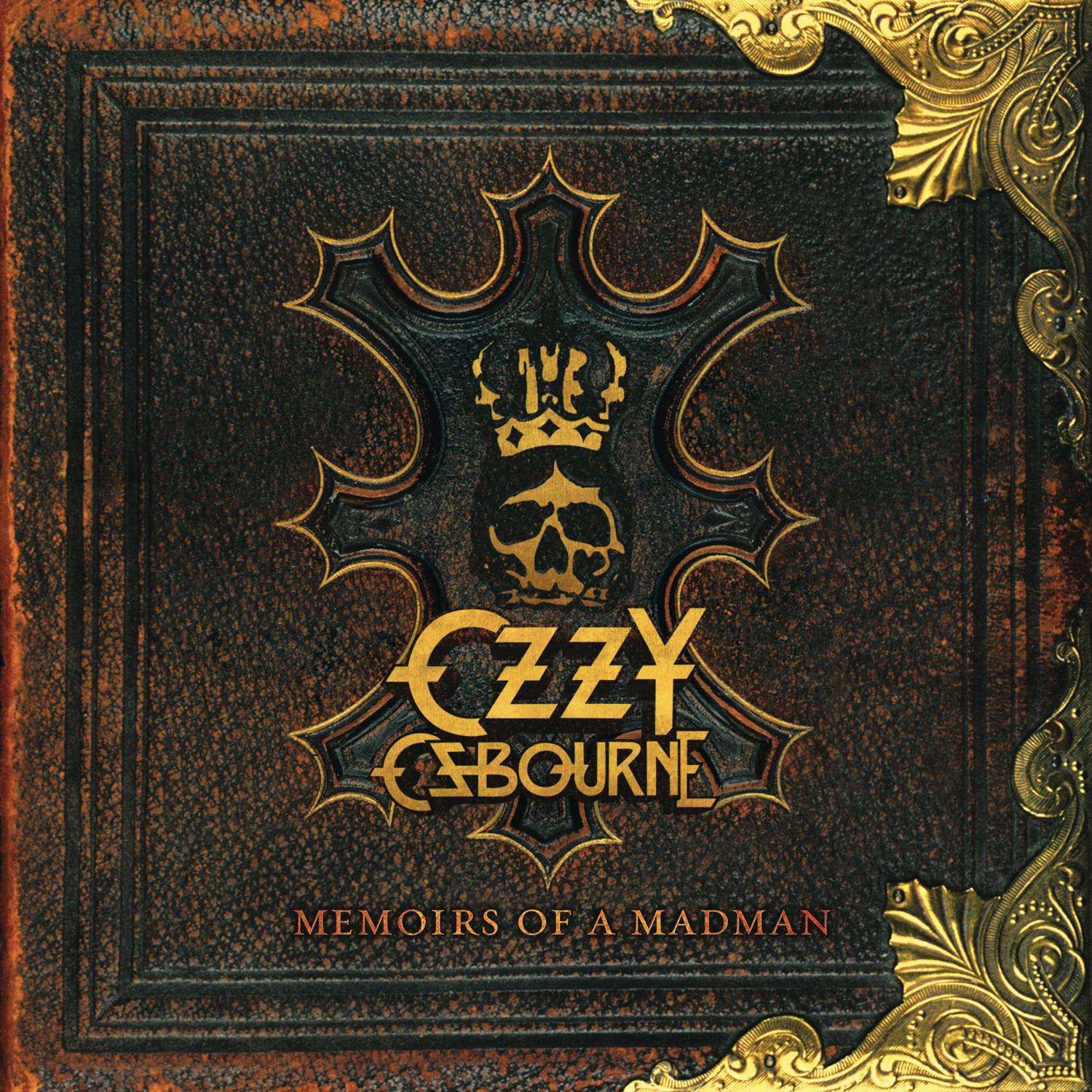 Ozzy Osbourne album borító, barna bőr design, arany betűk, koponya és korona, Memoirs of a Madman.