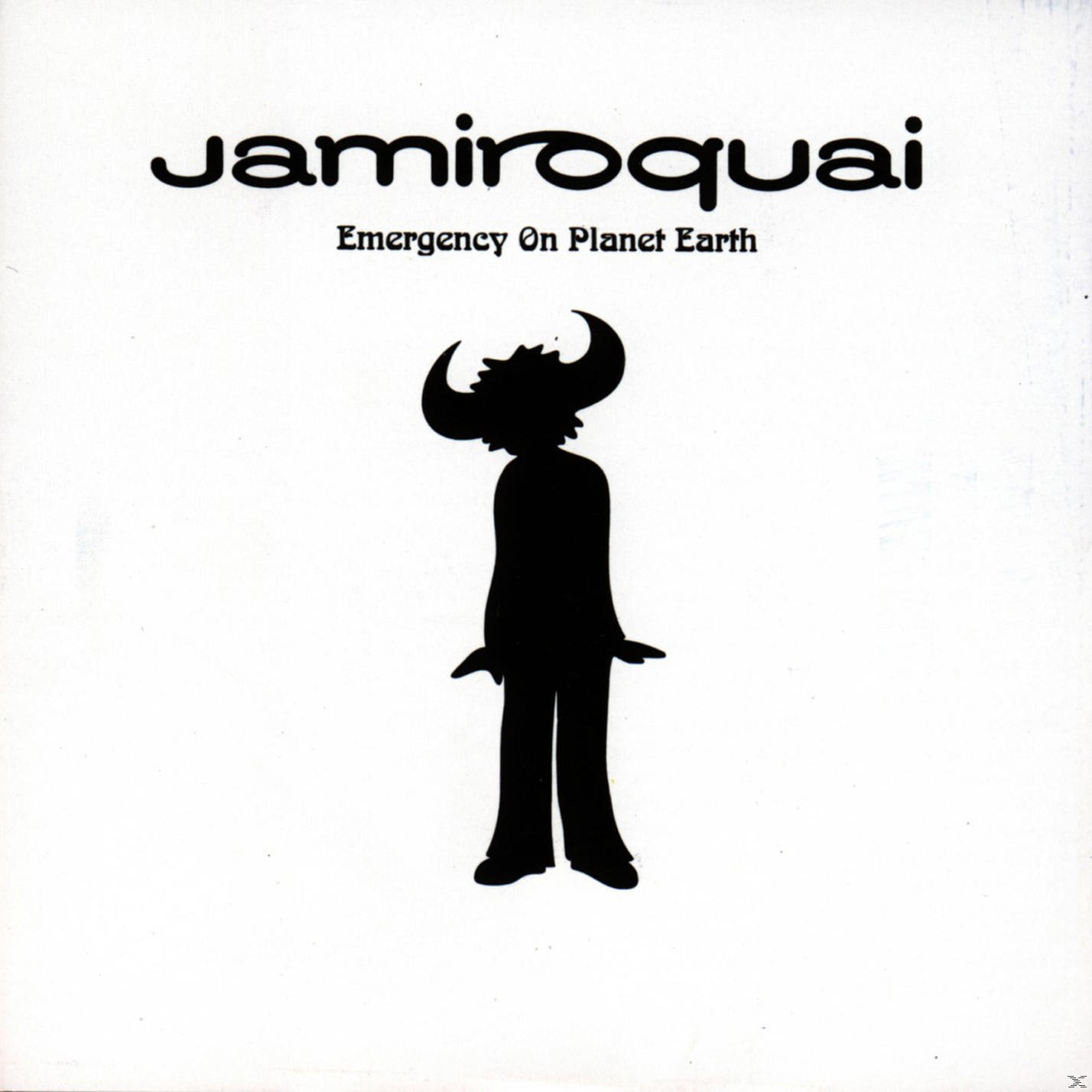Album borító Jamiroquai-val fekete betűtípussal. Egy sziluett szarvakkal fehér háttér előtt.