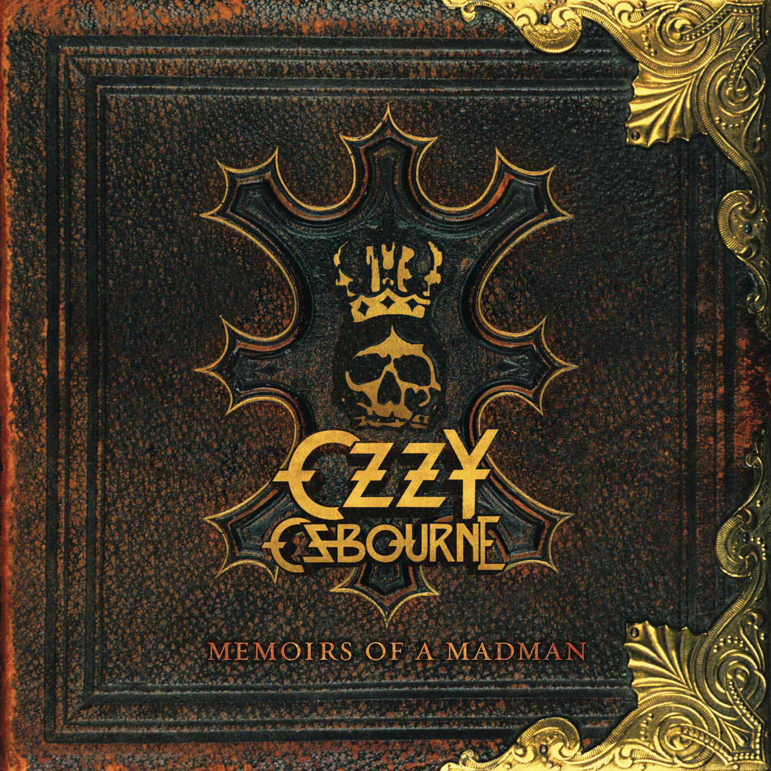 Ozzy Osbourne Albumcover mit Totenkopf- und Kronen-Design auf lederartigem Hintergrund.