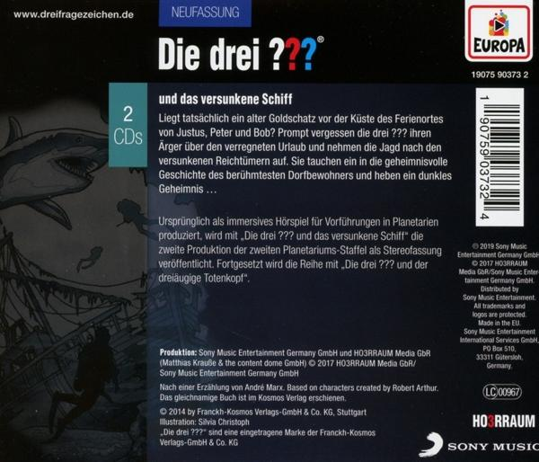 CD-Hülle mit Hai, Text auf Deutsch. Titel: 'Die drei ??? und das versunkene Schiff'.