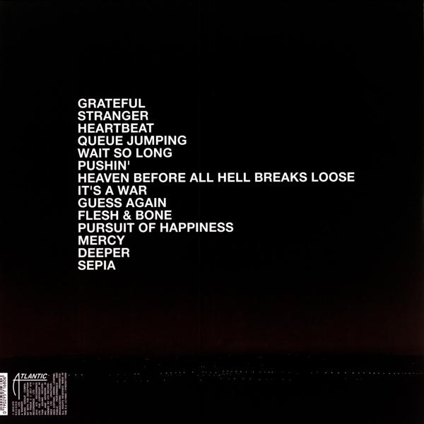 Fekete albumborító fehér szöveggel, dalcímekkel: Grateful, Stranger, Heartbeat, stb. Atlantic logó alul.