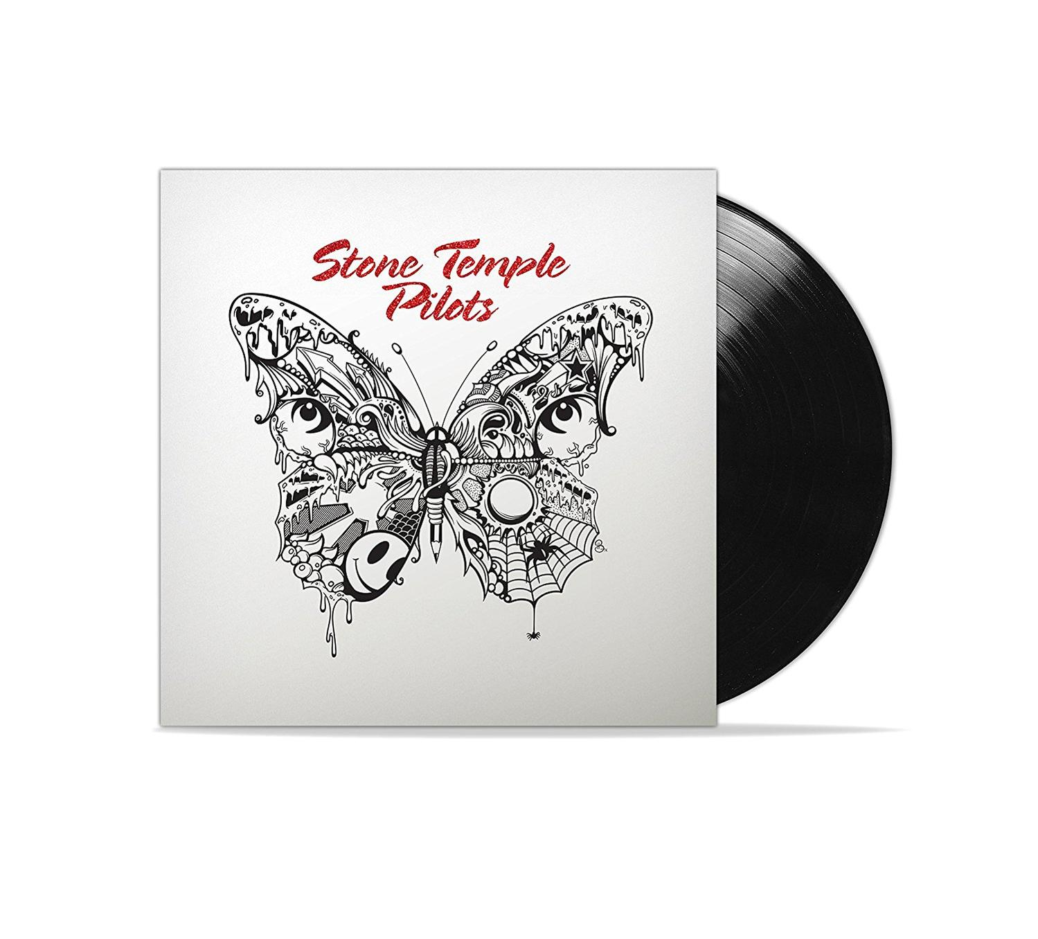 Vinil album borító fekete és piros pillangó mintával, fehér háttérrel.