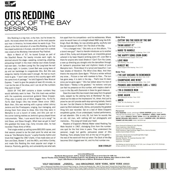 Albumcover von Otis Reddings Dock of the Bay Sessions, mit dem Foto des Künstlers und Songtiteln.
