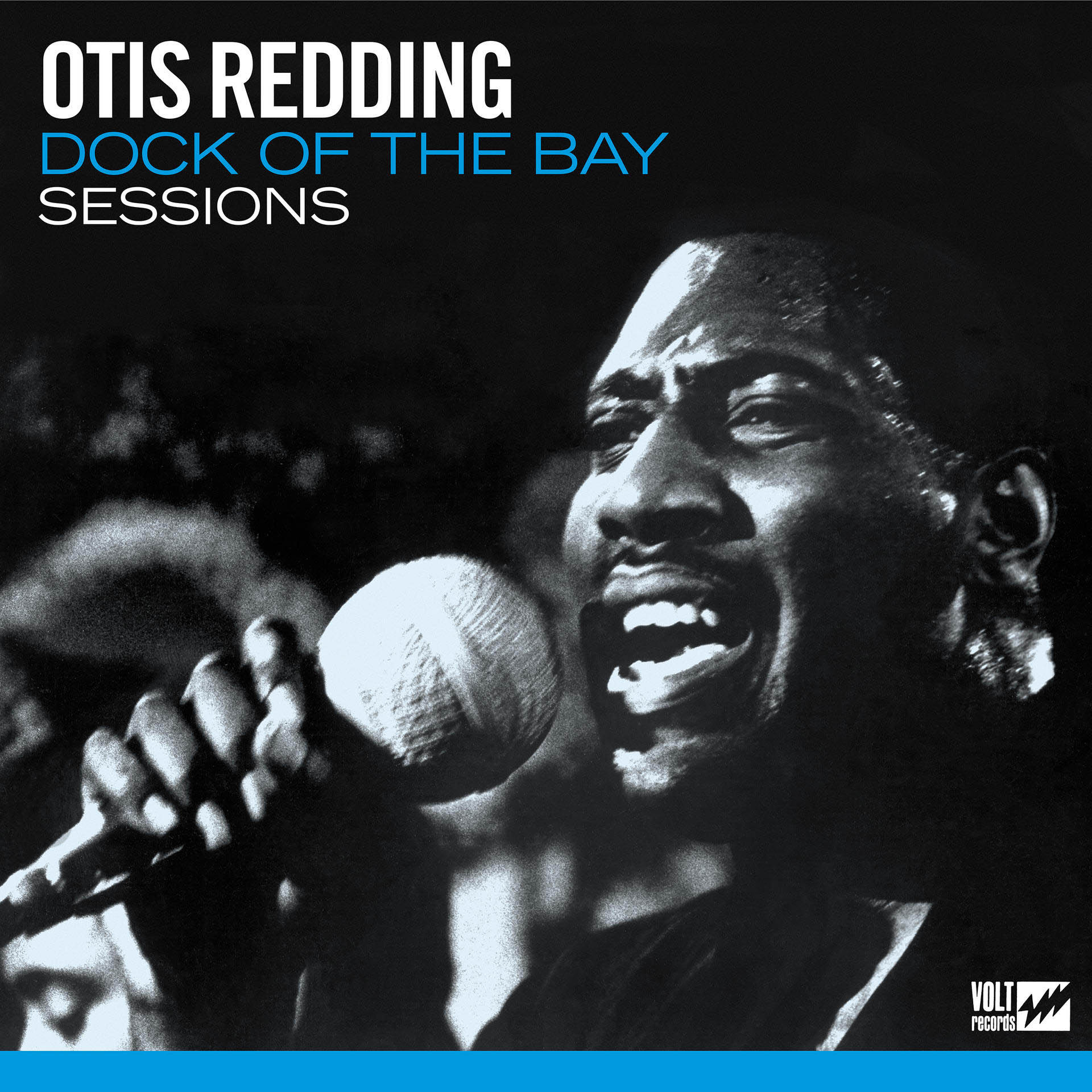 Otis Redding singt in ein Mikrofon. Albumcover: Dock of the Bay Sessions.