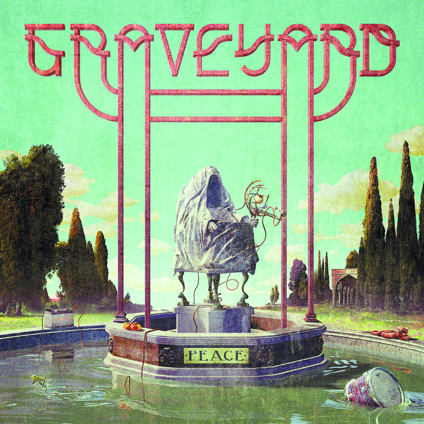 Albumcover: Eine Statue in einem Brunnen. Darüber ein stilisiertes Wort GRAVEYARD. Grün- und Orangetöne.