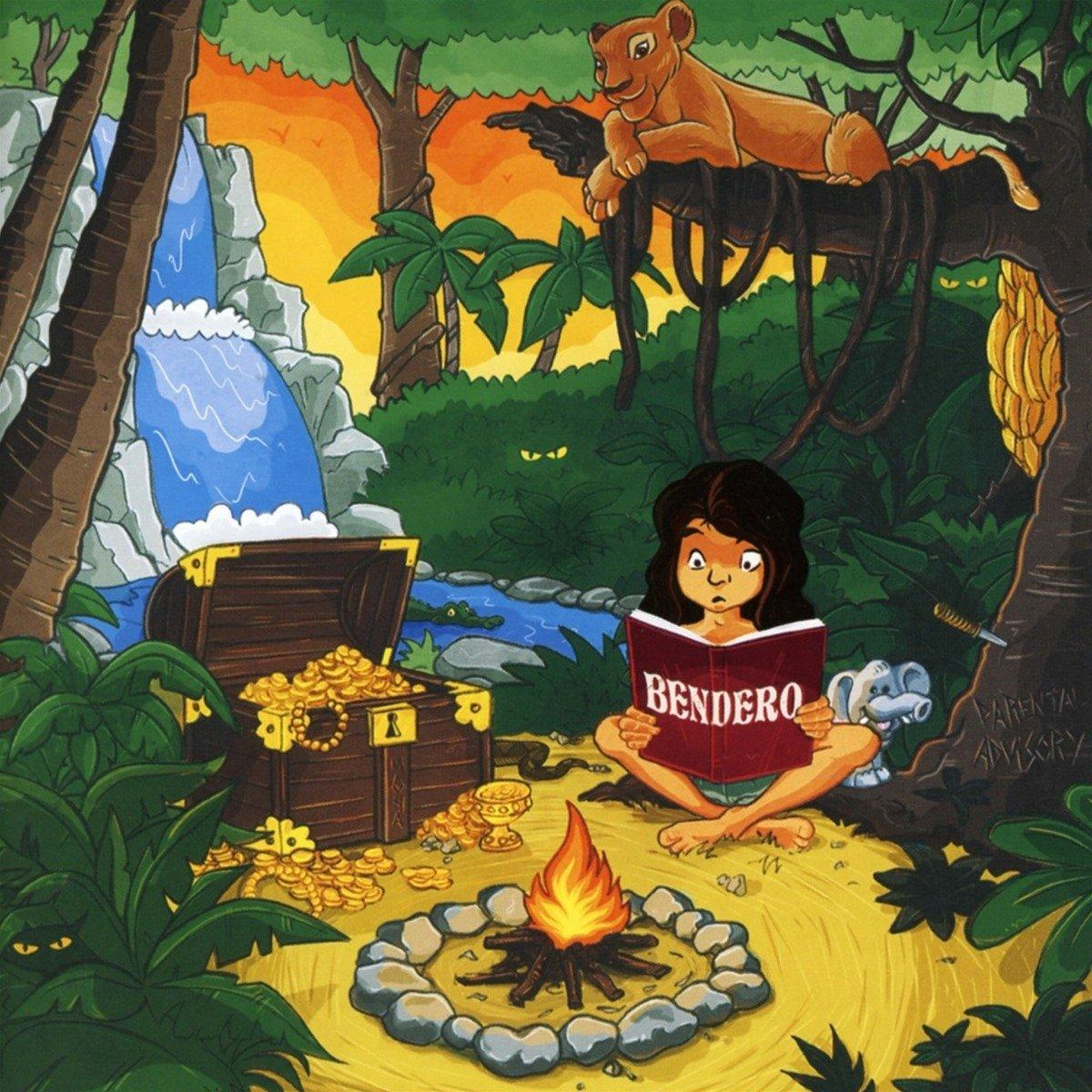 Ein Mädchen liest ein Buch in der Nähe eines Wasserfalls und einer Schatzkiste, mit einer Löwin darüber.