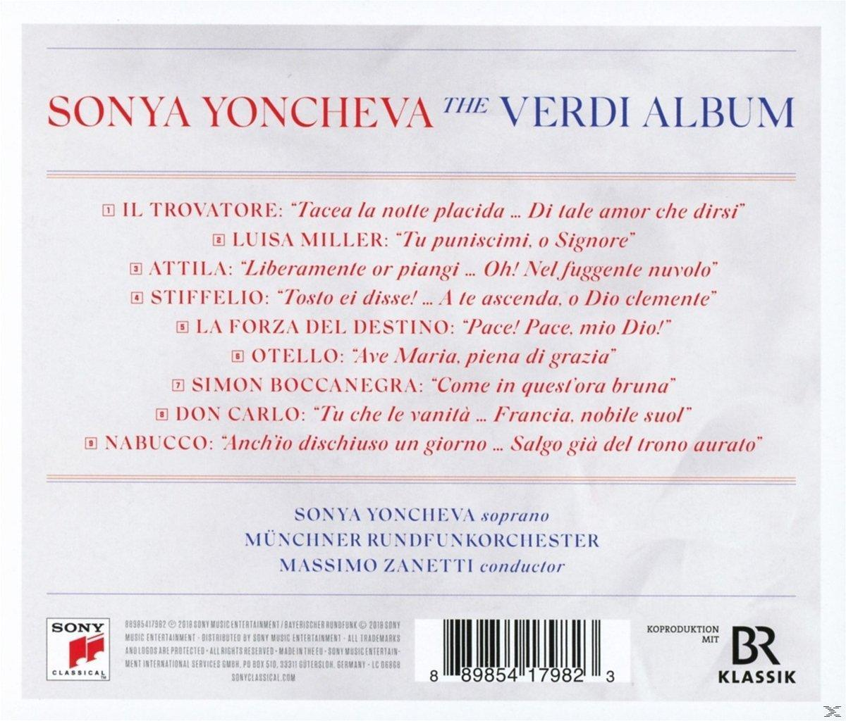 A 'Sonya Yoncheva The Verdi Album' CD-tokjának hátulja, dalcímekkel és szöveggel.