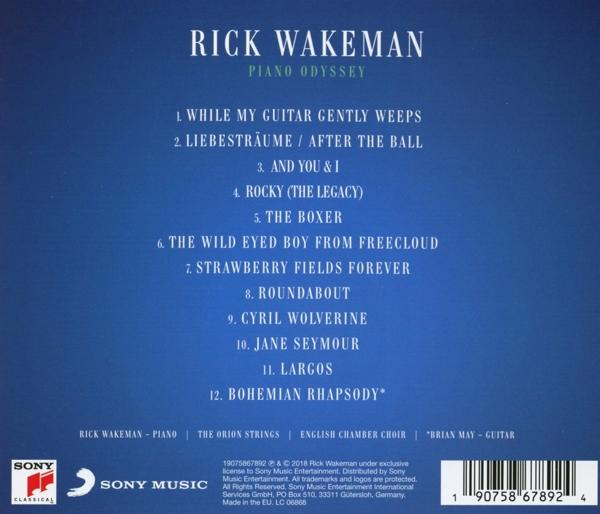 Rick Wakeman 'Piano Odyssey' album hátlapja. Számok listája kék háttéren.