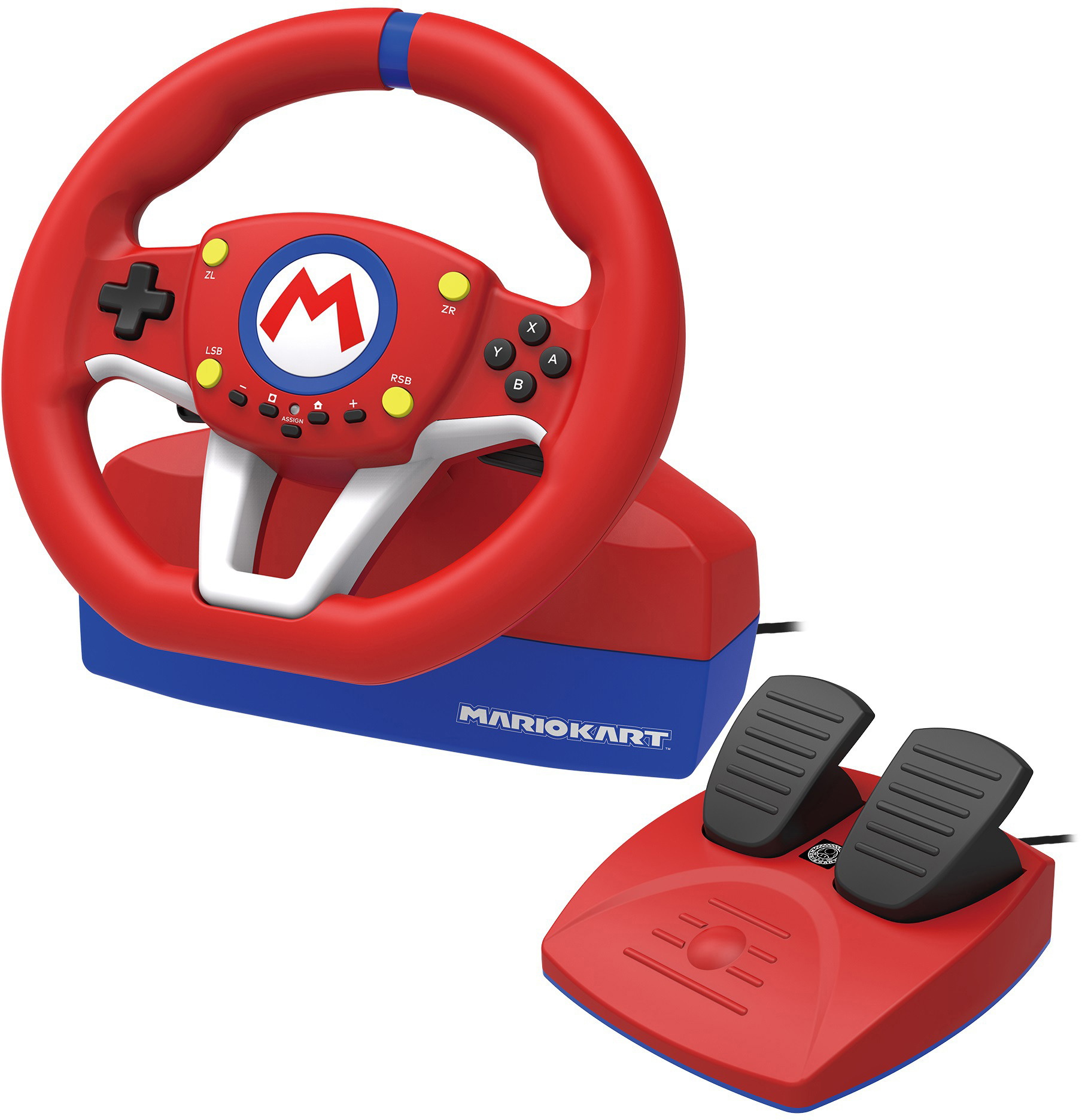 Rotes Mario Kart Lenkrad und Pedale. Blaue Basis und weiße Akzente. Nintendo-Logo sichtbar.