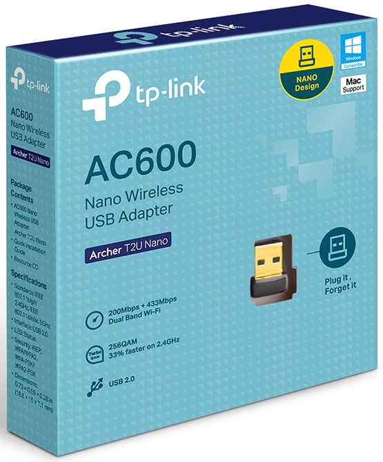 TP-Link AC600 Nano Wireless USB Adapter box with product details.