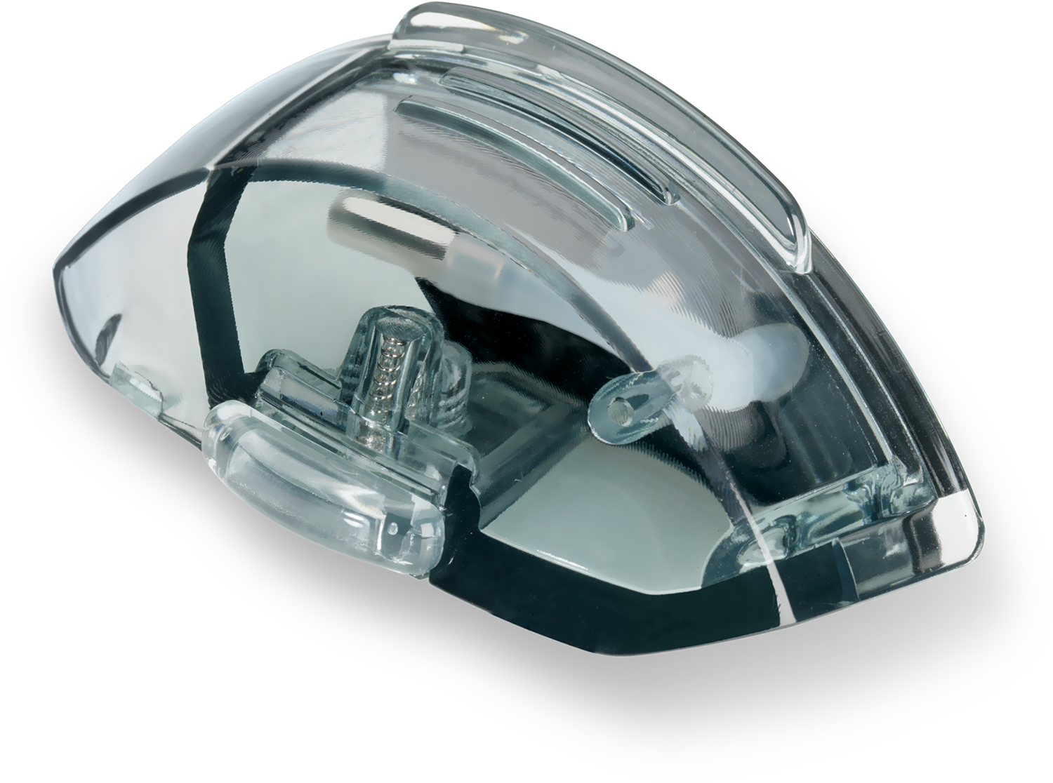 Doorzichtig plastic, schuin geplaatst apparaat. Interne componenten zichtbaar. Strak design, waarschijnlijk medisch.