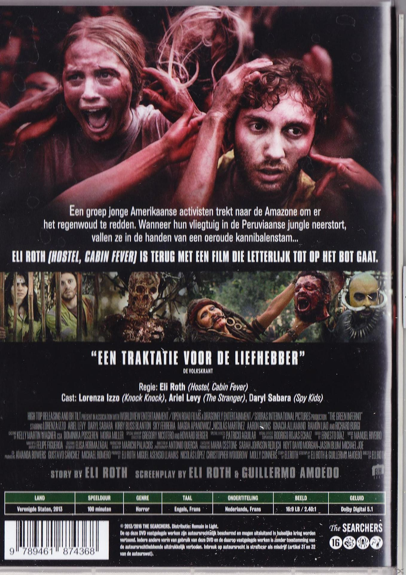 La couverture du DVD montre des personnes terrifiées avec du sang, titre du film : The Searchers d'Eli Roth.