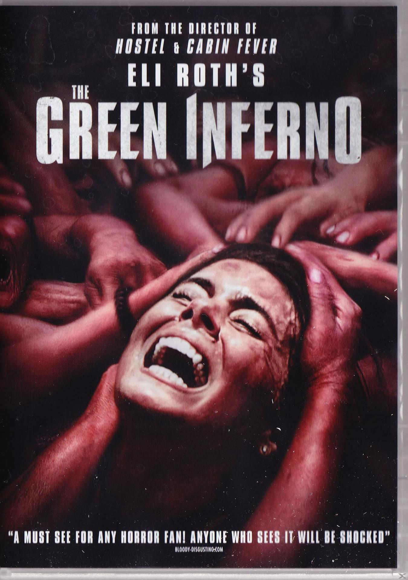 Couverture du DVD de 'The Green Inferno'. Une femme hurlant, entourée de mains.