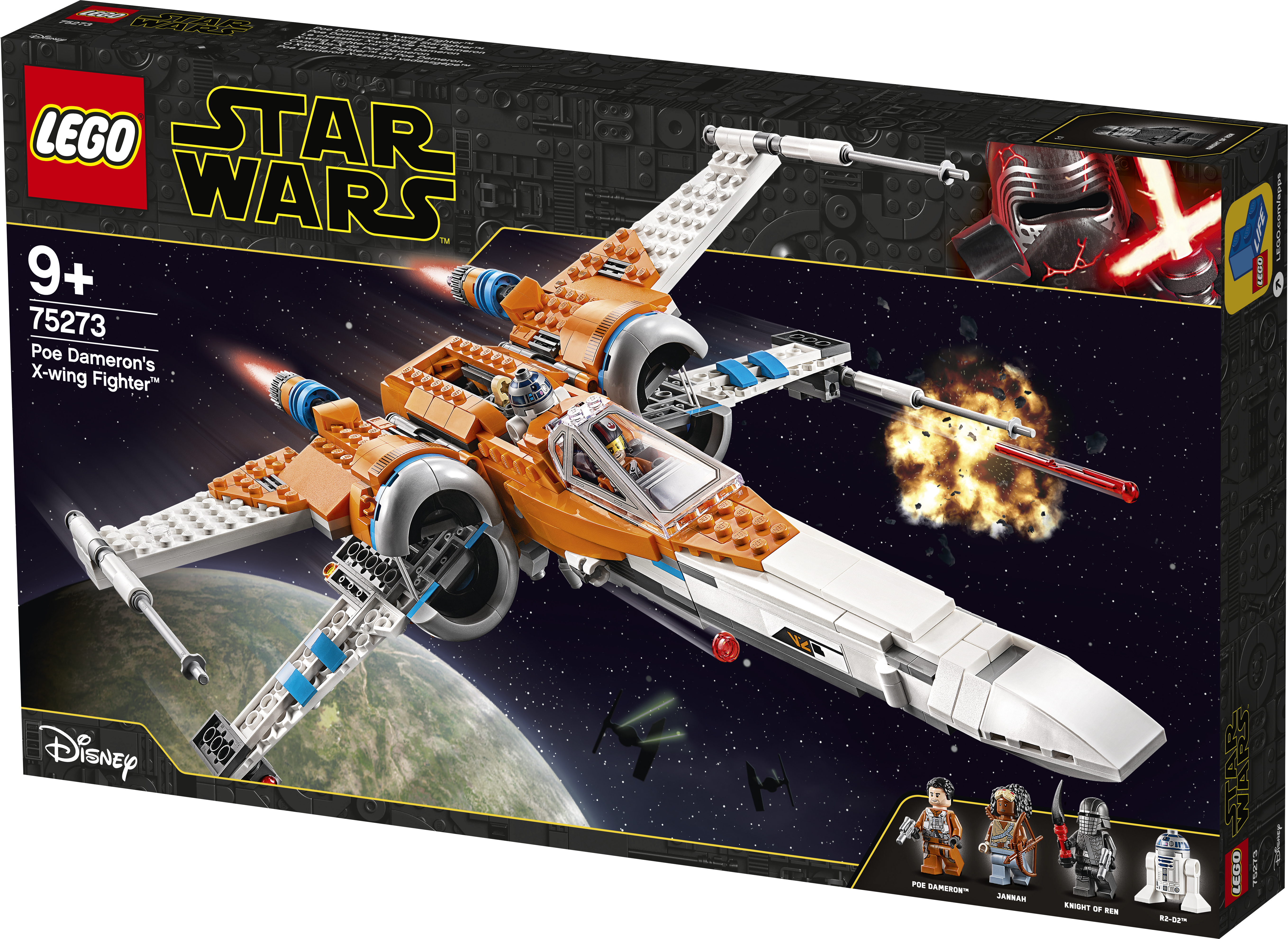 LEGO Star Wars Set-Box. Der X-Wing-Jäger von Poe Dameron wird gezeigt, mit Weltraum und anderen Schiffen im Hintergrund.