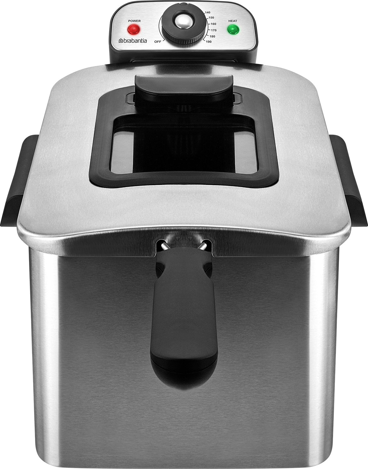 A stainless steel deep fryer. It has a control panel with power and heat indicators, a temperature dial, and a black handle.