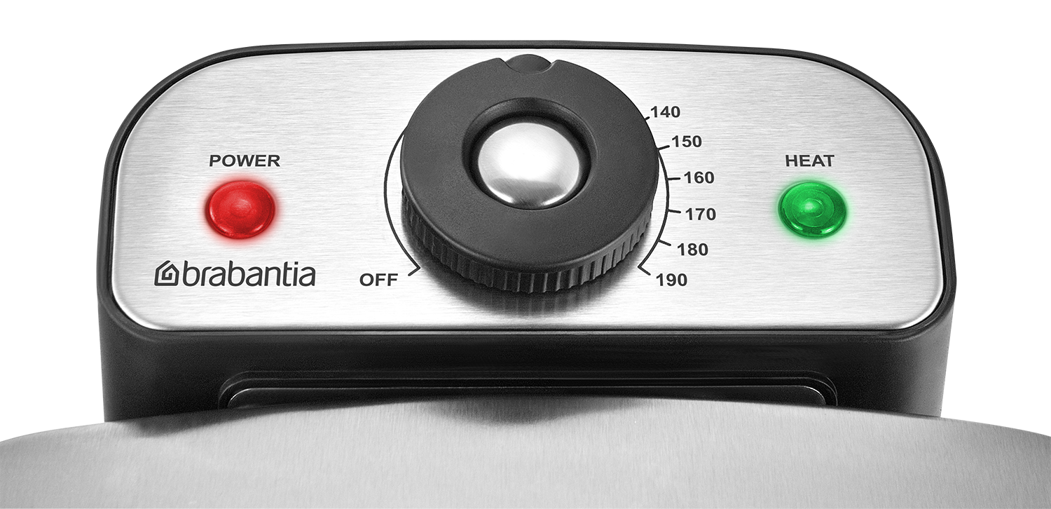 A control panel with a black knob, red power light, and green heat light. Temperature markings range from 140 to 190.